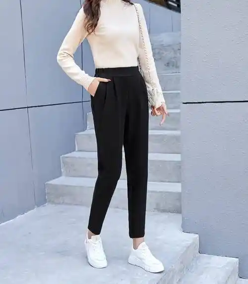 浪莎毛呢裤女裤松紧加厚小脚直筒裤宽松哈伦裤休闲裤2021秋冬季新款