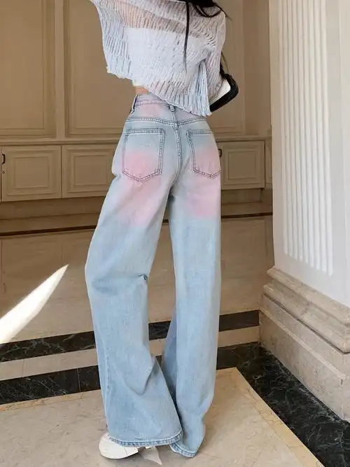 高腰腮红拖地牛仔裤女2024春季新款高街直筒阔腿裤今年流行的裤子 - 1