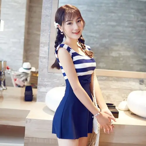 振亚泳衣 女保守学生连体平角裙式遮肚显瘦泳装 泡温泉小胸游泳衣