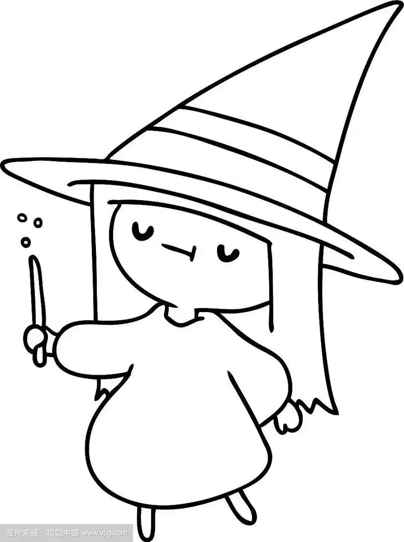 一个可爱可爱的女巫女孩的线条画