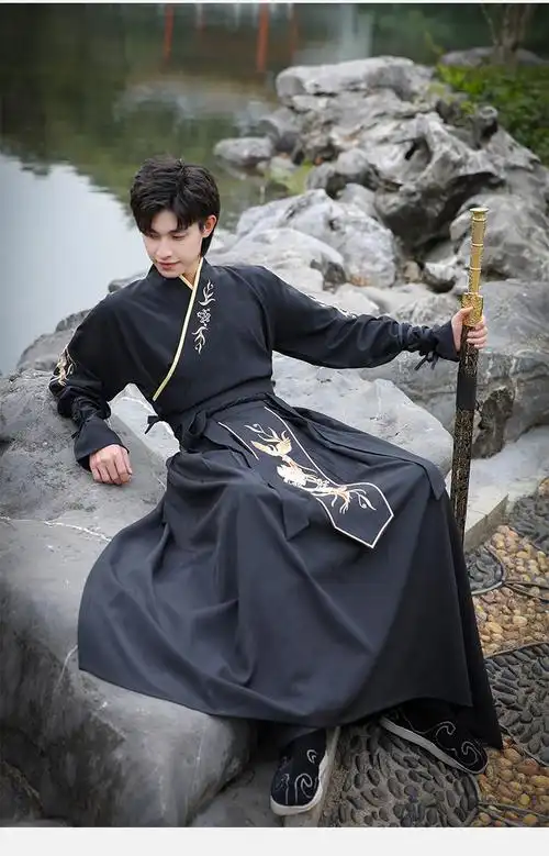 弹古筝的古装衣服魏晋汉服男装黑色系古男士仙气男生帅气飘逸明制大码