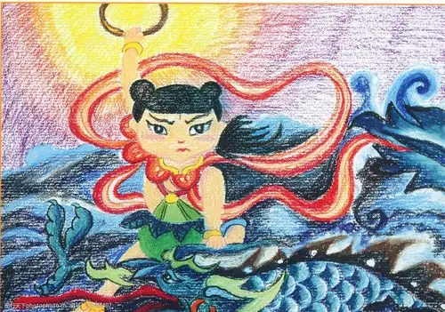 关键词:哪吒闹海儿童画 哪吒闹海 儿童画 油画棒 范画 蜡笔画 艺术