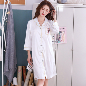 睡裙女夏季冰丝睡衣性感薄款男友风白衬衫女士中长丝绸夏天家居裙