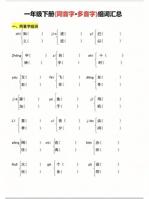 一年级下册多音字同音字汇总组词