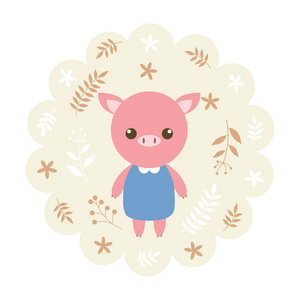 矢量图卡通, 吉祥物.可爱, 有趣的设计.花卉背景上的可爱动物.