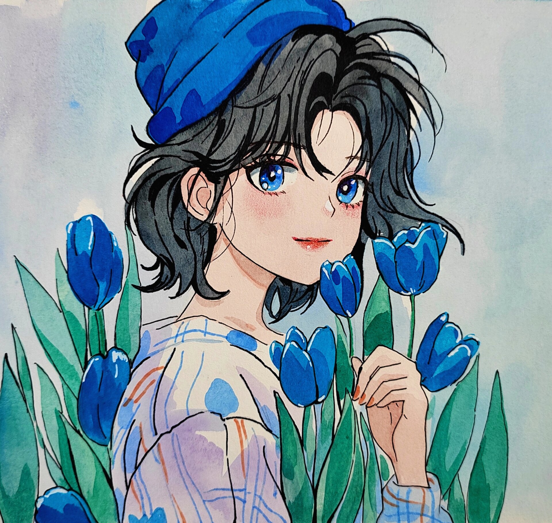 简单儿童动漫人物头像手绘/有线稿 一张是水彩画的,一张是马克笔画的