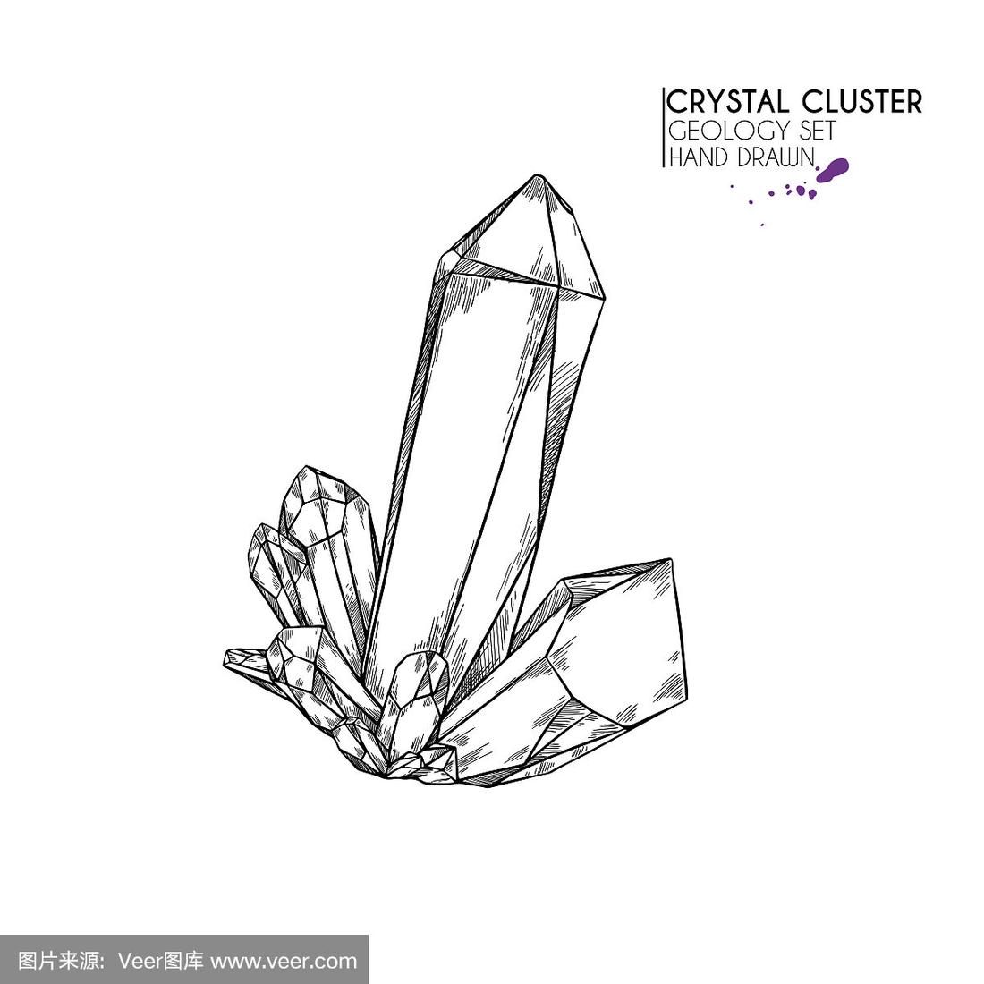 手绘晶体簇.向量矿产插图.紫水晶或石英石.孤立的天然宝石.地质组.