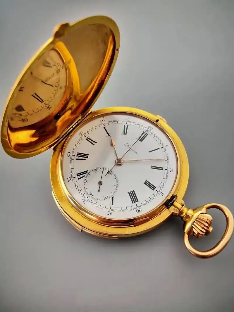 古董怀表:瑞士浪琴计时三问,18k金猎壳