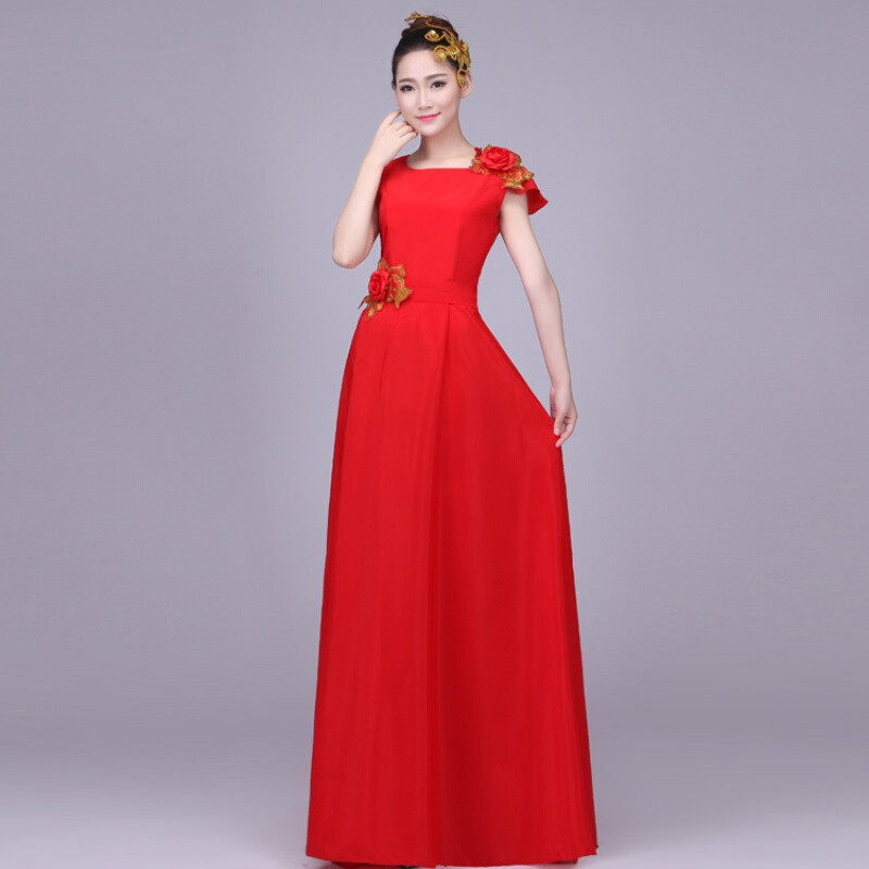 大合唱演出服长裙乐团指挥服礼服纯色雪纺合唱团舞台服装女款 l 红色