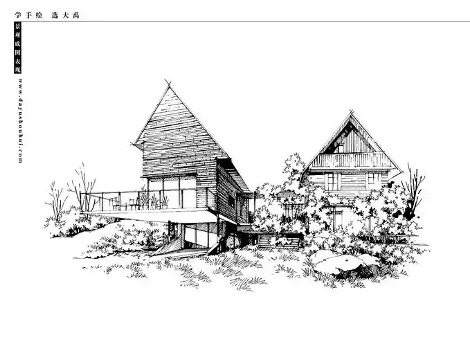 分享一组黑白线稿景观手绘场景简约大气