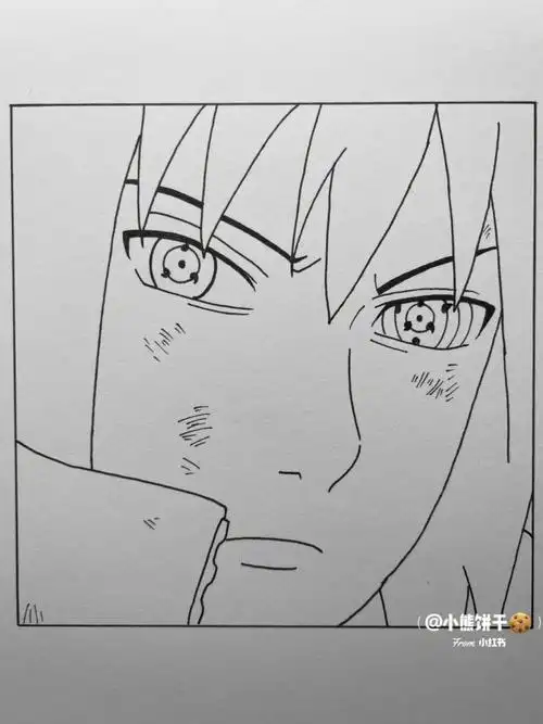 手绘火影忍者佐助附线稿过程